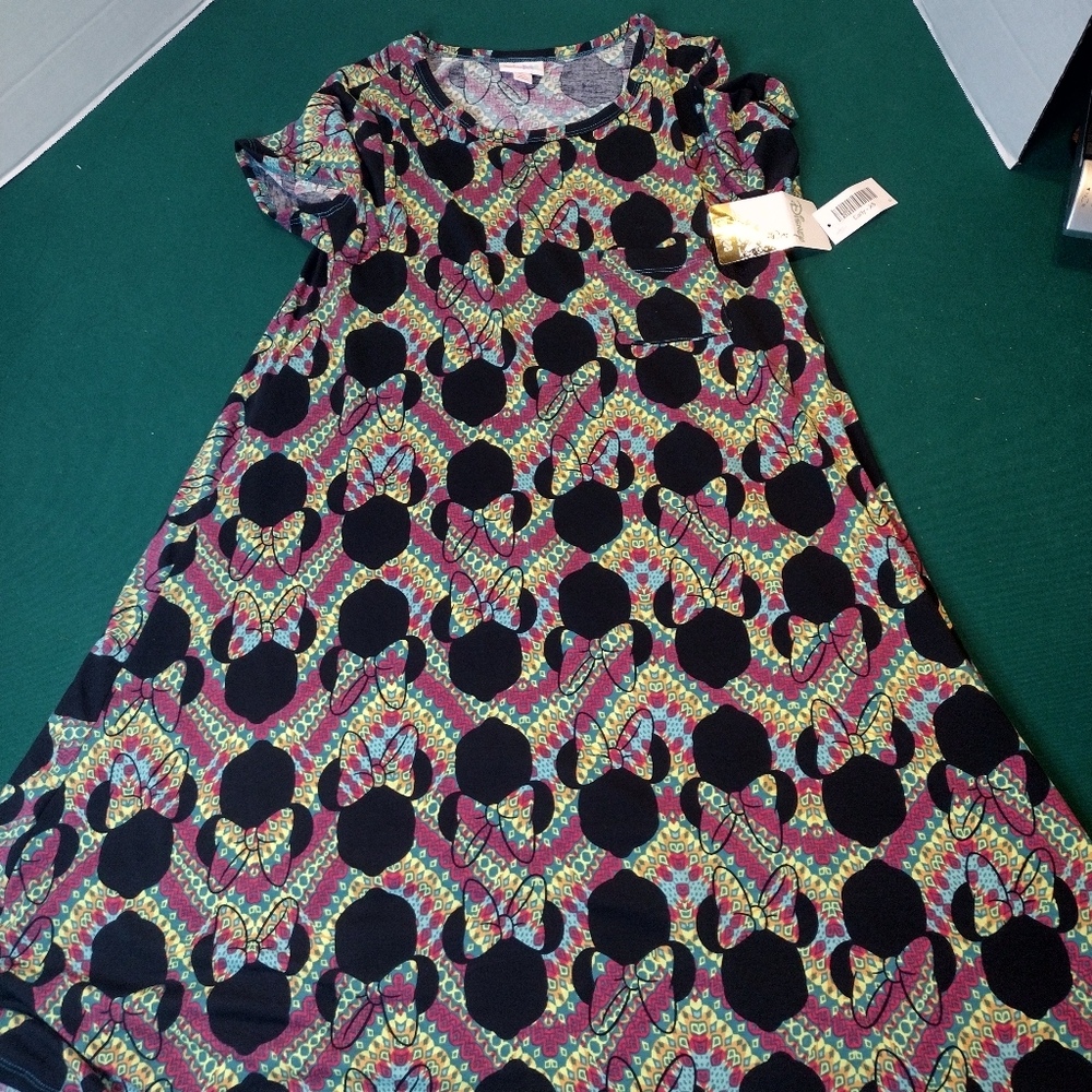 LULAROE Size XS DISNEY Print Minnie Mouse Carly Dress Neon Zigzag Short Sleeve.